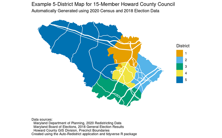Proposed Howard County Council district map for 15-member council elected in five districts