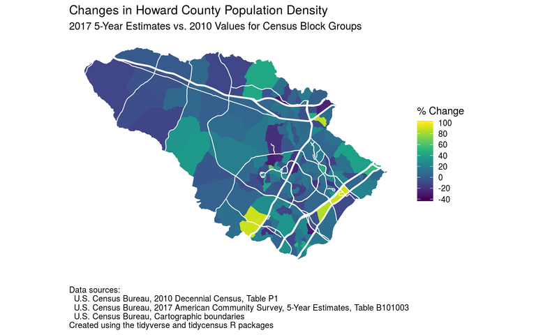 Map of Howard County population density changes based on 2010 census and 2013-2017 ACS estimates