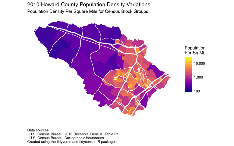 Map of Howard County population density based on 2010 census