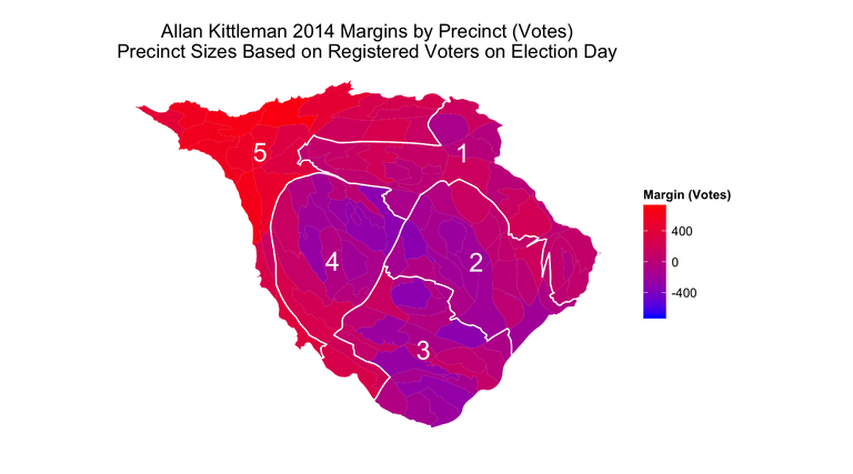 Cartogram of Allan Kittleman victory margins by precinct