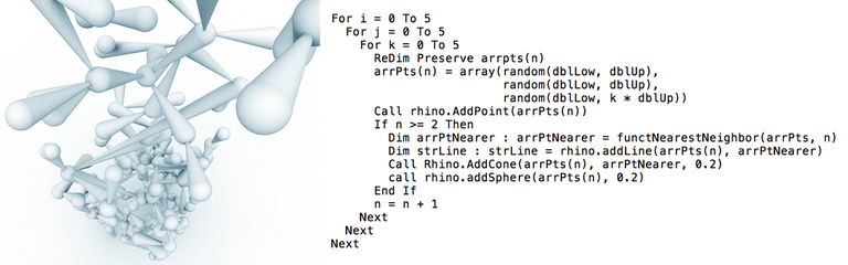 An simple form-finding example by Marc Fornes using the Rhino 3D modeling program and the RhinoScript programming language. The script (the core code of which is shown) generates over a hundred random points within a tall rectangular box. For each new point the script finds the nearest neighboring point and draws a cone with its base at the new point and its tip at the neighboring point, and then a sphere centered at the new point. Image and script © 2007 Marc Fornes; used with permission.