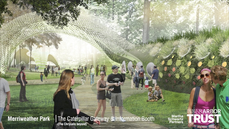 Architectural rendering of the Caterpillar Gateway and Information Booth