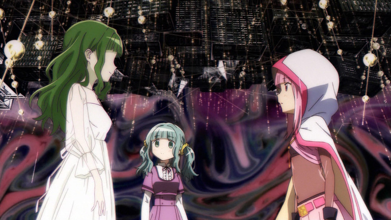 Image of Ai, the Rumor of the Anonymous AI of Magia Record, confronted by Iroha as Sana looks on