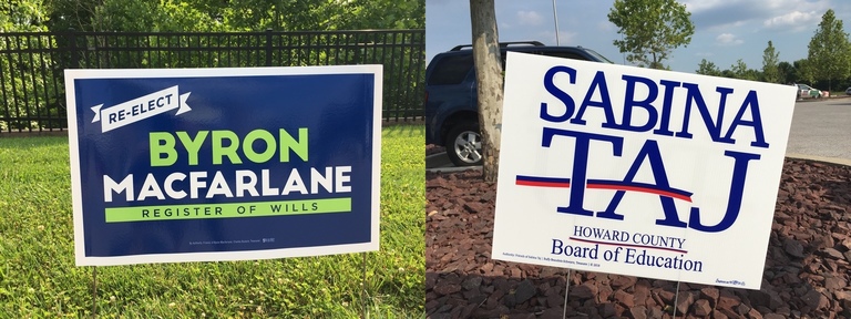Byron Macfarlane’s and Sabina Taj’s campaign signs, 2018 elections