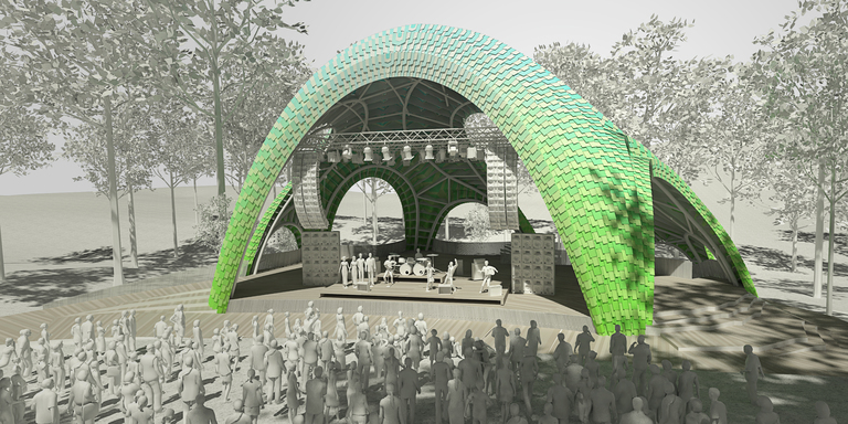 Rendering of the Chrysalis alpha stage in use, including suspended speakers and lighting equipment. (Click for a higher-resolution version.)  The beta stage is to the right (stage left). Image © 2015 Marc Fornes; used with permission.