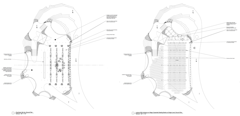 Examples of two possible setups of the Chrysalis alpha stage, for a pop group (L) and for a lecture to an on-stage audience (R). (Click for a higher-resolution version.)  Images © 2014 Arup; included in the Inner Arbor Trust presentation to the Howard County Design Advisory Panel.