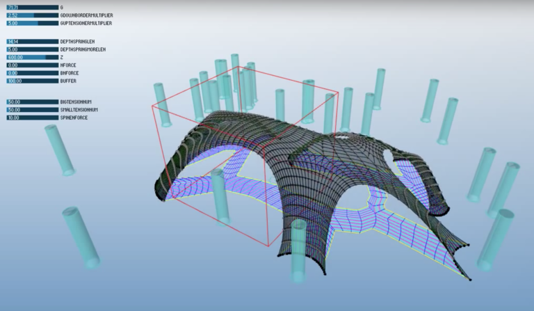 Snapshot of the “mesh inflation” process for the Chrysalis amphitheater shell. (Click to see the original video.)  The original surface prior to inflation is outlined in yellow, with the lines of the mesh running “lengthwise” and “crosswise” shown in purple and blue respectively. Image © 2014 Marc Fornes; used with permission.