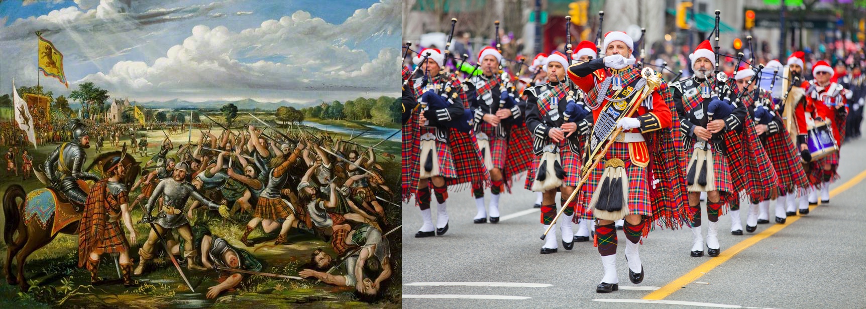 A painting of the Battle of the Clans in 1396 in Perth, Scotland, paired with a picture of marchers in kilts at the 2017 Santa Claus parade in Vancouver, Canada
