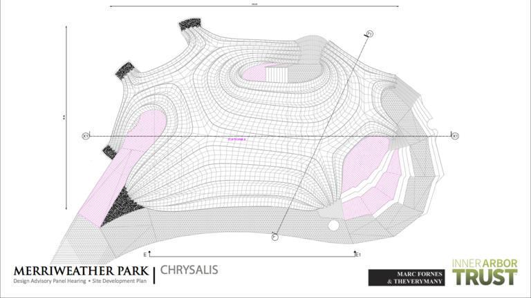 The underlying quadrilateral mesh of the Chrysalis design as seen from above after inflation. (Click for a higher-resolution version.)  The darker lines in the mesh mark the peaks of the pleats. Adapted from the Inner Arbor Trust presentation to the Howard County Design Advisory Panel on February 26, 2014. Image © 2013 Marc Fornes; used with permission.