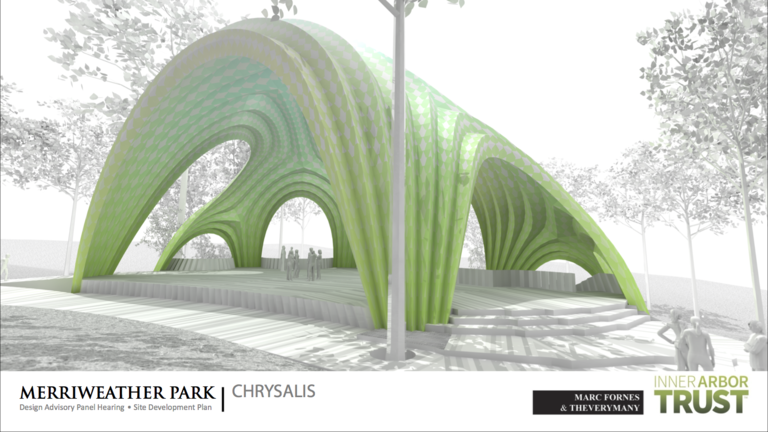 The Chrysalis design as rendered, showing the pleats in the surface. (Click for a higher-resolution version.)  Adapted from the Inner Arbor Trust presentation to the Howard County Design Advisory Panel on February 26, 2014. Image © 2013 Marc Fornes; used with permission.