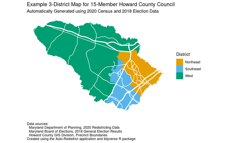 Proposed Howard County Council district map for 15-member council elected in three districts