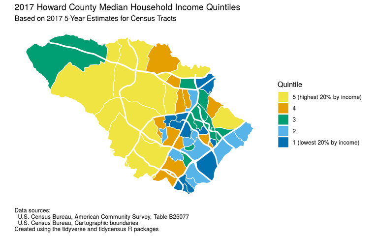 Howard County median household income quintiles for 2013-2017