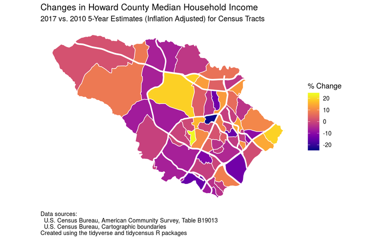 Howard County median household income changes by census tract from 2006-2010 to 2013-2017