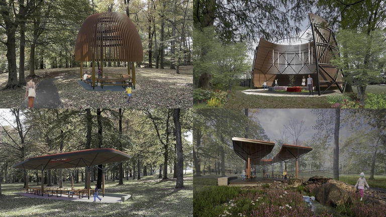 Park structures in the revised concept plan: gazebo, Nest, and east and west pavilions