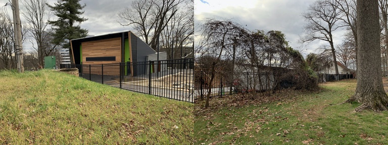 Dual-use restroom building between Merriweather Park at Symphony Woods and Merriweather Post Pavilion, along with the fence separating the park and pavilion