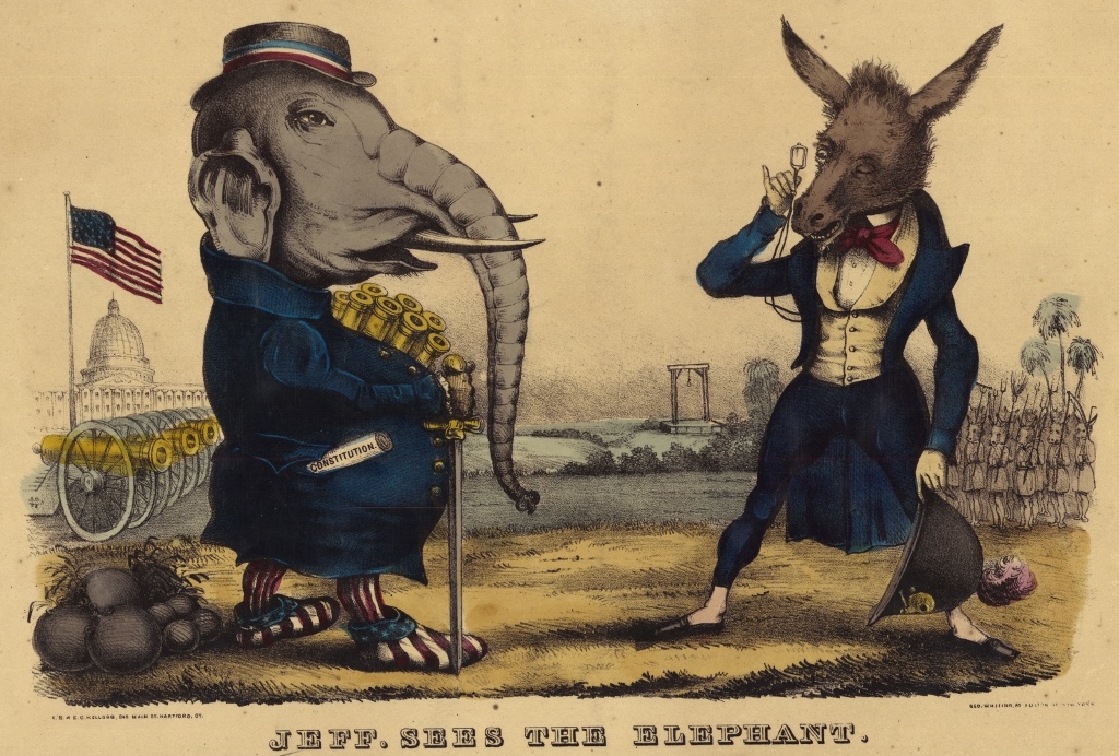Lithograph of Republican elephant and Democratic donkey facing each other during the Civil War