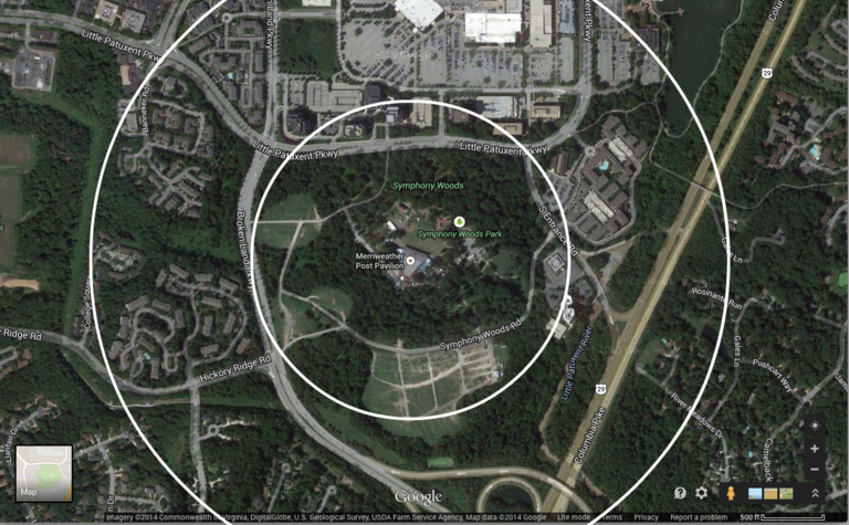 Merriweather Post Pavilion and surroundings.  The two circles show areas within a quarter mile and half mile of the pavilion.  Click for high-resolution version.