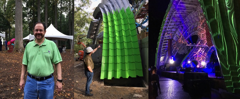 Three panel picture showing Michael McCall at the ground-breaking ceremony for the Chrysalis amphitheater, Michael pointing to the newly-installed aluminum panels on the partially-completed Chrysalis, and an evening concert at the Chrysalis, with the structure lighted up