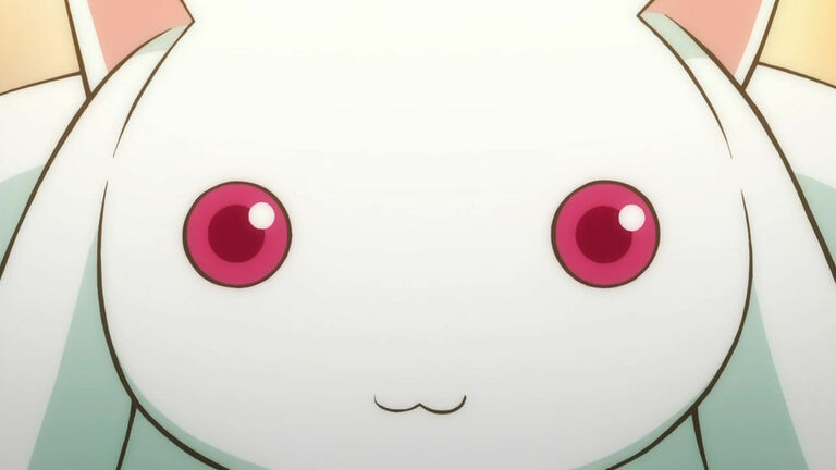 Image of Kyubey from Madoka Magica, focused on his head and his glowing red eyes