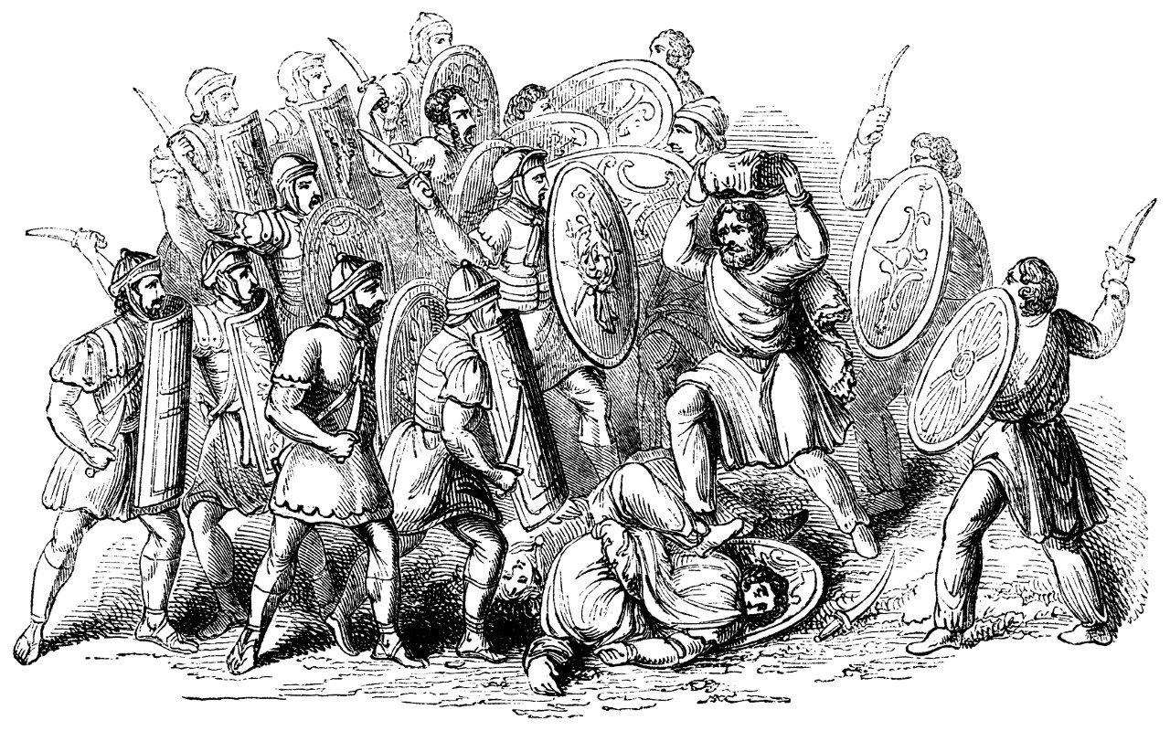 Woodcut engraving of Romans fighting with barbarians