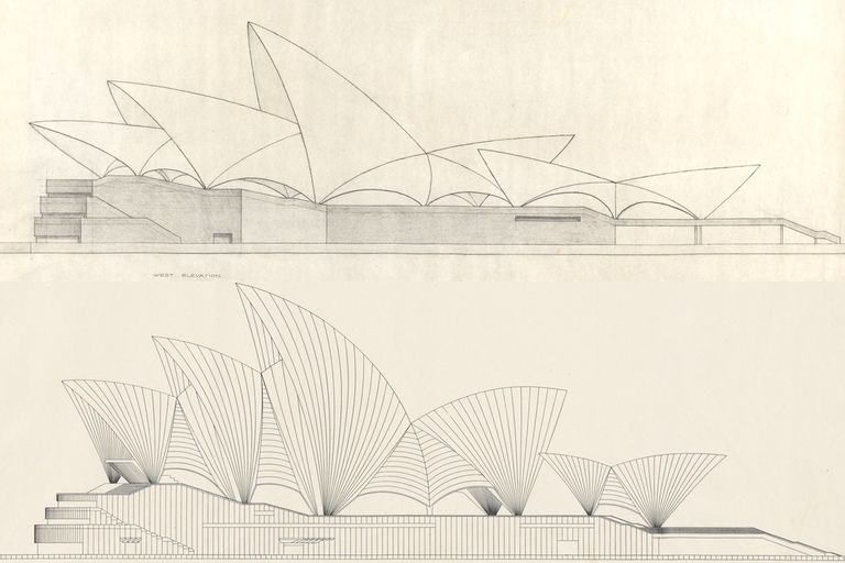 The original Sydney Opera House design by Jørn Utzon, from the drawings submitted to the design competition (top), and the final design reflecting advice from Arup on how the building shells might be fabricated (bottom). (Click for a higher-resolution version.) Note the replacement of the original continuous shell roofs with multiple series of concrete ribs. Images from the Sydney Opera House online gallery of the State Archives of New South Wales, Australia, from the competition drawings and the “Yellow Book” respectively.