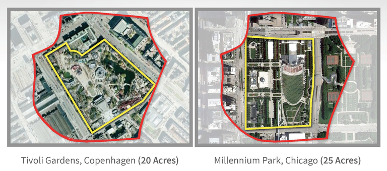 Tivoli Gardens and Millennium Park compared to the Merriweather-Symphony Woods neighborhood